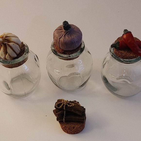 Kitchen Vintage Glass Jar Spice Set With Vegtable Topper Cork Lids Set Of 3 W Extra Top Poshmark